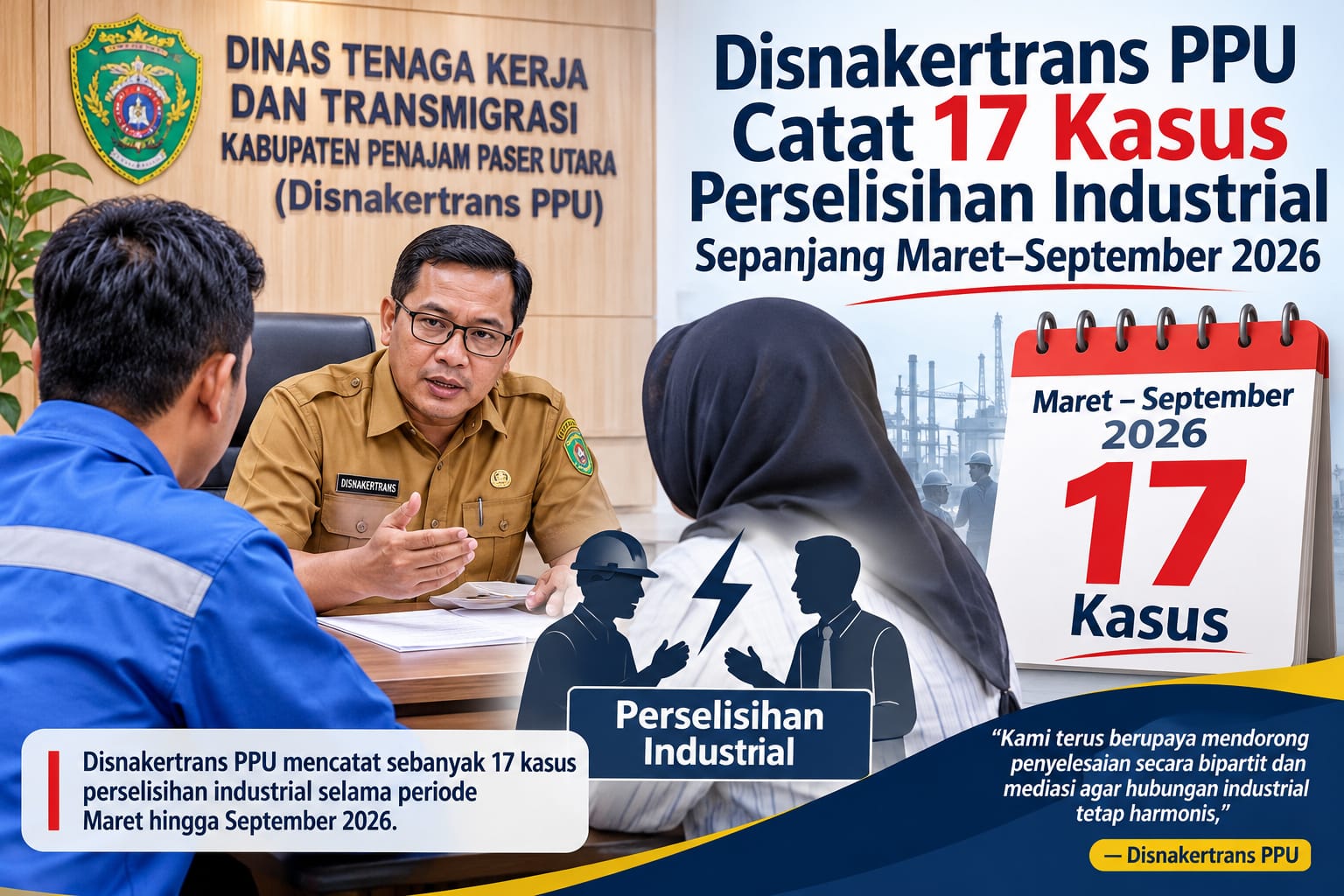 Disnakertrans PPU mencatat 17 kasus perselisihan hubungan industrial sepanjang Maret-September 2026. Mayoritas terkait hak pekerja dan PHK.(foto ilustrasi)